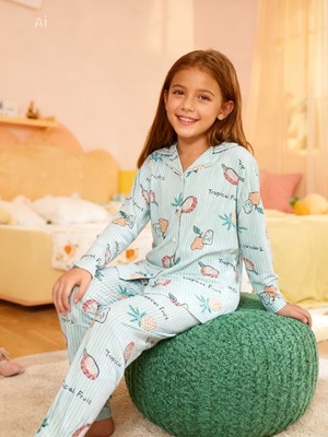 NiCe İç Giyim Turkuaz Çizgili Egzotik Meyve Temalı Gömlek Yaka Milan Kumaş Baharlık Kız Çocuk Pijama Takım