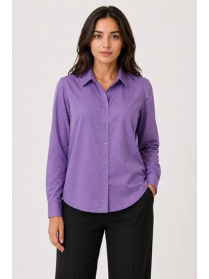 Beta Moda Hub Kadın Uzun Kol Gömlek Düğmeli Klasik Yaka Günlük ve Ofis Şıklığına Uygun - Mor