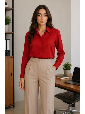 Beta Moda Hub Kadın Uzun Kol Gömlek Düğmeli Klasik Yaka Günlük ve Ofis Şıklığına Uygun - Kırmızı