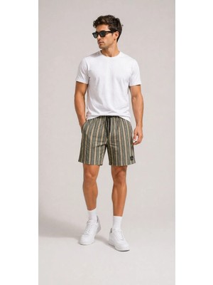 Beta Moda Hub Erkek Çizgili Yazlık Şort Dokuma Kumaş Lastikli Bel Cepli Rahat Kesim - Haki