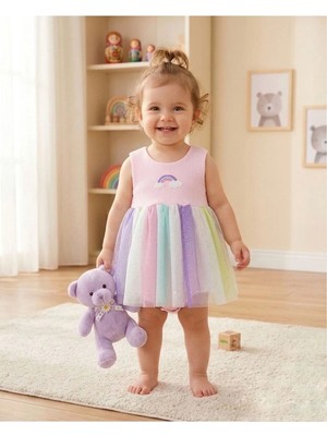The Cloudish Shop Kız Bebek Gökkuşağı Nakışlı Tüllü Çıtçıtlı Zıbın Elbise Pembe (%100 Pamuk)