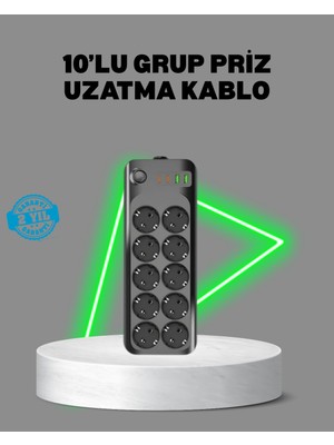 Renklime Termal Akım Korumalı 10’lu Grup Priz USB Type-C Hızlı Şarj 2500W 2m Kablo