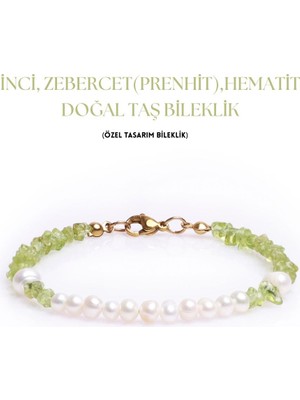 Sırlı Taş Inci, Zebercet(Prenhit), Hematit Doğal Taş Bileklik, Kadın Bileklik, Tasarım Bileklik Ayarlanabilir