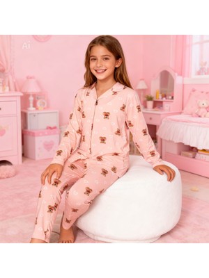 NiCe İç Giyim Pembe Renk Kalp & Ayıcık Desen Gömlek Yaka Düğmeli Milan Kumaş Baharlık Kız Çocuk Pijama Takım
