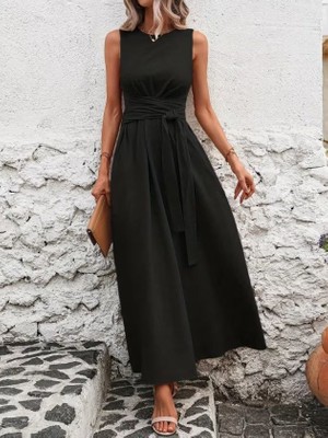 Çamaşır Kenti Kadın Omuzlardan Açık Belden Bağcıklı Uzun Aerobin Elbise