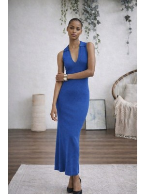 Flamex Kadın Kolsuz V Yakalı Uzun Triko Elbise