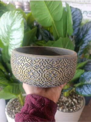 19 cm El Yapımı Beton Saksı - Altın Eskitme Desenli Dekoratif Modern Çiçeklik - Büyük Boy Lüks Saksı