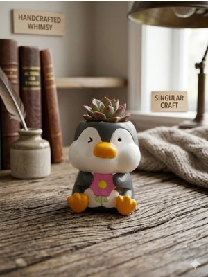Penguen Tasarım El Yapımı Seramik Saksı - Dekoratif Mini Çiçeklik & Ofis Masa Üstü Hediyelik Obje
