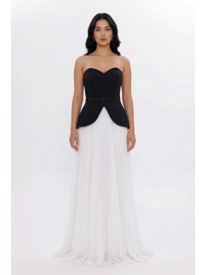 Bdm Exclusive Straplez Kalp Yaka Peplum Taş Kemerli Premium Abiye Elbise