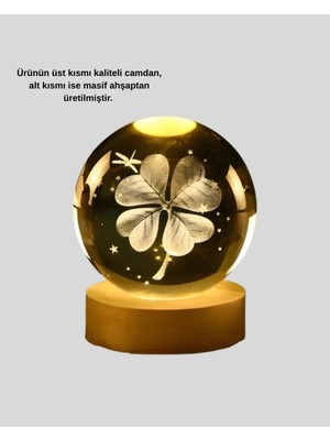 Yonca Bitki Figürlü LED Işıklı Cam Küre USB Ahşap Standlı Gece Lambası Midastech