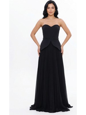 Bdm Exclusive Straplez Kalp Yaka Peplum Taş Kemerli Premium Abiye Elbise