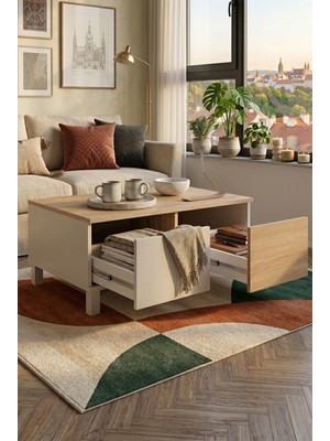 Robin Home Urban Orta Sehpa Ahşap Ayaklı 2 Çekmeceli Kumsal-Sepet