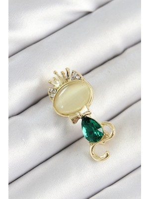 Yıldız Ticaret Mey Ithalat® Yeşil Damla Zirkon Taşlı Kraliçe Taçlı Kedi Figürlü Gold Renk Kadın Broş
