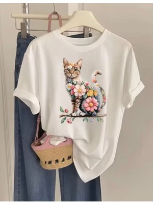 Punix Punıx Büyük Beden Özel Tasarım Art Kedi Çiçek Baskılı Yeni Sezon Farklı ve Şık Kadın T-Shırt