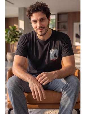 Pijama Evi Siyah Waves Desenli Kısa Kollu Erkek Pijama Takımı