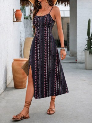 Flamex Kadın Ip Askılı Geniş V Yakalı Desenli Yırtmaçlı Süprem Midi Elbise