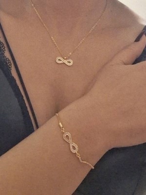 Edwol Kadın Altın Renk Kaplama Zirkon Taşlı Sonsuzluk Kolye Bileklik Seti