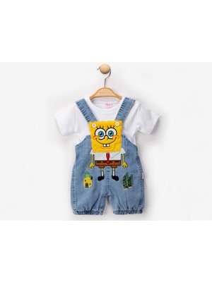 Bebeva Baby Spongebob Nakışlı Kot Bahçıvan Salopet ve Beyaz Tişört 2'li Takım
