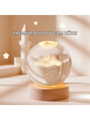 İlanib Ticaret 3D Yağmur Bulutu Desenli Kristal Top USB Gece Lambası Ahşap Tabanlı Dekoratif Lamba