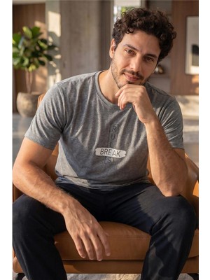 Pijama Evi Gri Break Desenli Kısa Kollu Erkek Pijama Takımı