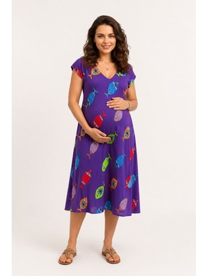 Park Moda Kadın Mor Viskon Hamile Elbisesi Desenli Yazlık Rahat Kesim Midi Elbise