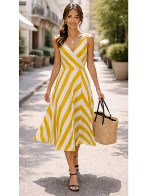 Flamex Kadın Askılı Kruvaze Yakalı Kemersiz Çizgili Dalgıç Midi Elbise