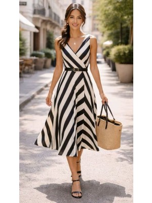 Flamex Kadın Askılı Kruvaze Yakalı Kemersiz Çizgili Dalgıç Midi Elbise