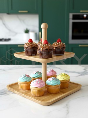 Özbience Iki Katlı Kare Bambu Sunum Tabağı, Doğal Ahşap, Şekerlik, Kurabiyelik