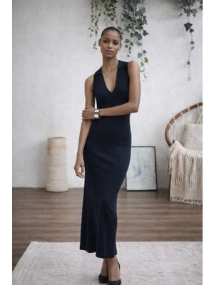 Flamex Kadın Kolsuz V Yakalı Uzun Triko Elbise