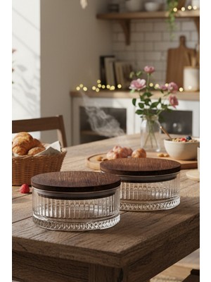 Özbience Cam Kase Çerezlik Kahvaltılık Şekerlik Ahşap Kapaklı 510 ml (2’li Set)