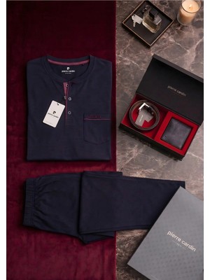 Pierre Cardin Erkek 2 Parça Pamuklu Kutulu Pijama Takımı & Kemer Cüzdan Seti - Çeyizlik Ev Giyim Kombini