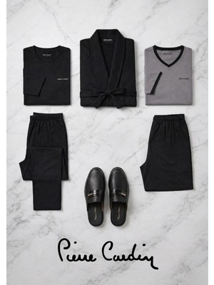 Pierre Cardin 5 Parça %100 Pamuklu Robdöşambr Pijama Takımı & Deri Terlik - Çeyizlik Rahat Ev Giyim Kombini