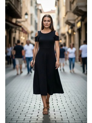 Mossta Omuzu Açık Midi Viskon Elbise - Siyah