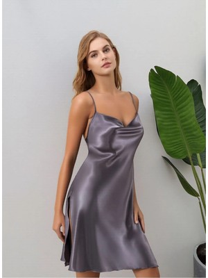 Loule Kadın Gri Degaje Yaka Ince Askılı Düz Saten Gecelik - Şık Ev Giyimi