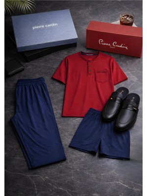 Pierre Cardin Erkek 3’lü Pijama Takımı & Deri Terlik Seti - Çeyizlik Şık & Rahat Ev Giyim Kombini