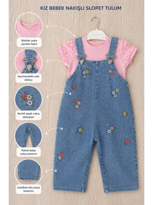 Baby Buu Baç- Kız Çocuk Çiçek Desenli Kot Salopet Takım / T-Shirt-Salopet 2li Takım 6-9/9-12/12-18/18-24 Ay