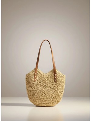 Gullfoss V Form Deri Saplı Astarlı Hasır Çanta