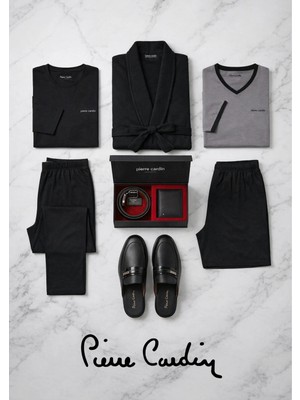 Pierre Cardin 5 Parça %100 Pamuklu Robdöşambr Pijama Takımı & Deri Terlik & Hakiki Kemer Cüzdan Seti Çeyizlik