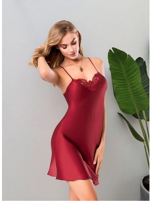 Loule Kadın V Yaka Dantel Detaylı Saten Gecelik - Ince Askılı Şık Ev Giyimi