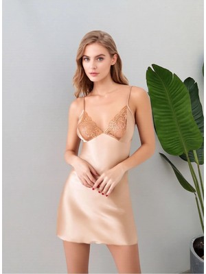 Loule Kadın V Yaka Dantel Detaylı Ince Askılı Saten Gecelik