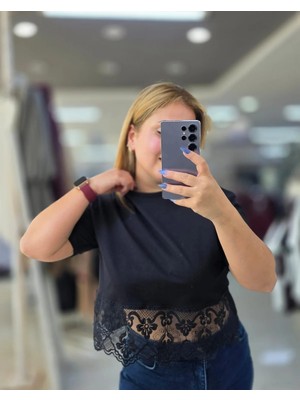 İnci Ersöz Tişört Crop Dantelli Siyah 2207