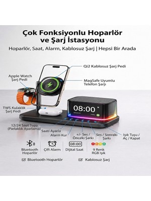 Fırsattan Samsung Uyumlu 6’sı 1 Arada Manyetik Kablosuz Şarj Istasyonu Qi2 25W Hızlı Şarj Bluetooth Hoparlör Alarm Saat Gece Lambası