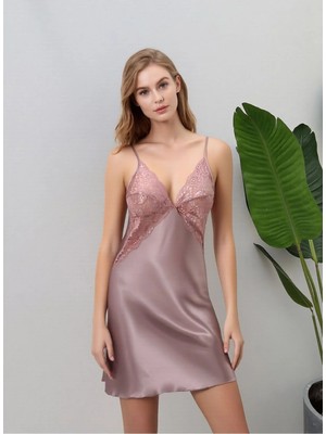 Loule Kadın Vizon Saten Dantel Detaylı Askılı Şık & Zarif Gecelik