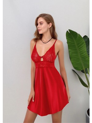 Loule Kadın Kırmızı V Yaka Ip Askılı Dantel Işlemeli Saten Gecelik