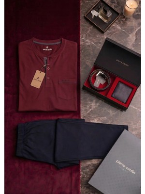 Pierre Cardin Erkek 2 Parça Pamuklu Kutulu Pijama Takımı & Hakiki Kemer Cüzdan Seti - Çeyizlik Ev Giyim Kombini