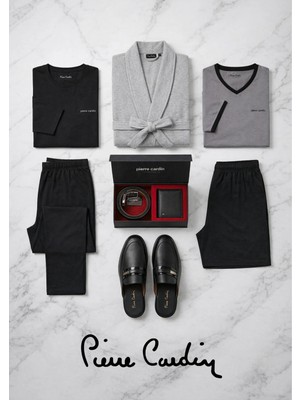 Pierre Cardin 5 Parça %100 Pamuklu Robdöşambr Pijama Takımı & Deri Terlik & Hakiki Kemer Cüzdan Seti Çeyizlik