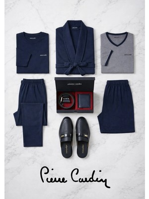 Pierre Cardin 5 Parça %100 Pamuklu Robdöşambr Pijama Takımı & Deri Terlik & Hakiki Kemer Cüzdan Seti Çeyizlik