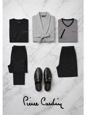 Pierre Cardin 5 Parça %100 Pamuklu Robdöşambr Pijama Takımı & Deri Terlik - Çeyizlik Rahat Ev Giyim Kombini