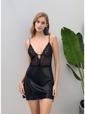 Loule Kadın Siyah Saten Gecelik – Dantel Detaylı Askılı Şık ve Zarif Tasarım