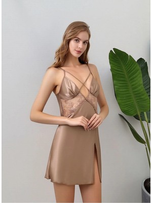 Loule Kadın Vizon Saten Dantel Detaylı & Çapraz Şeritli Yırtmaçlı Gecelik